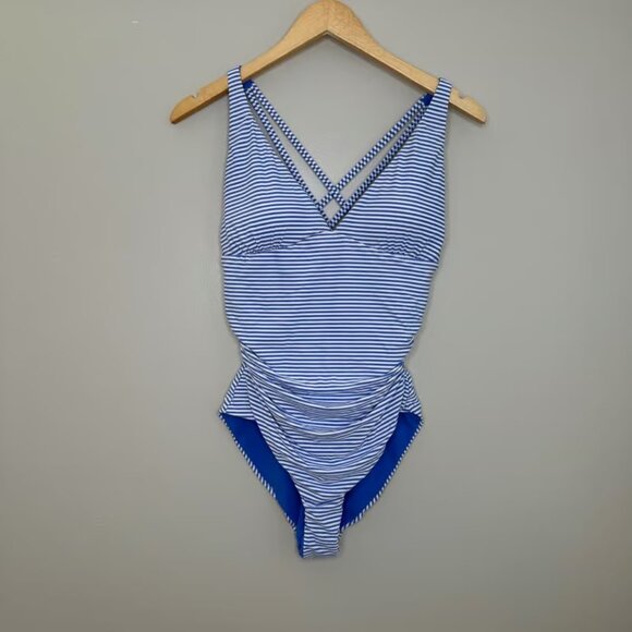 Other - Niptuck Striped One Piece Reversible Swimsuit Crisscross Back Ruched Blue White